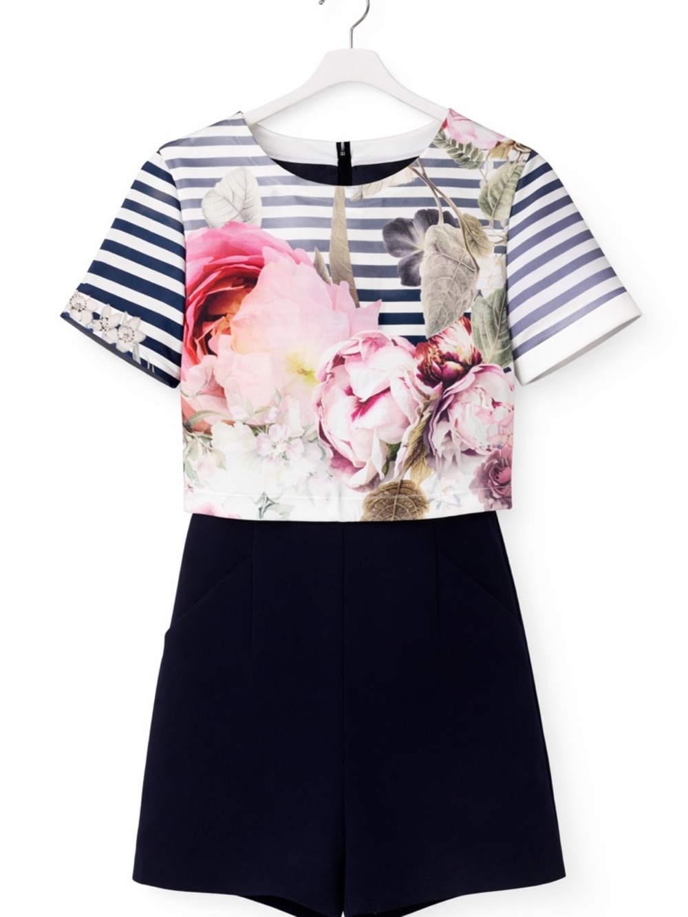 Ted Baker Intia Feminine Peony Floral Playsuit Striped Overlay US 2 - Picture 2 of 5